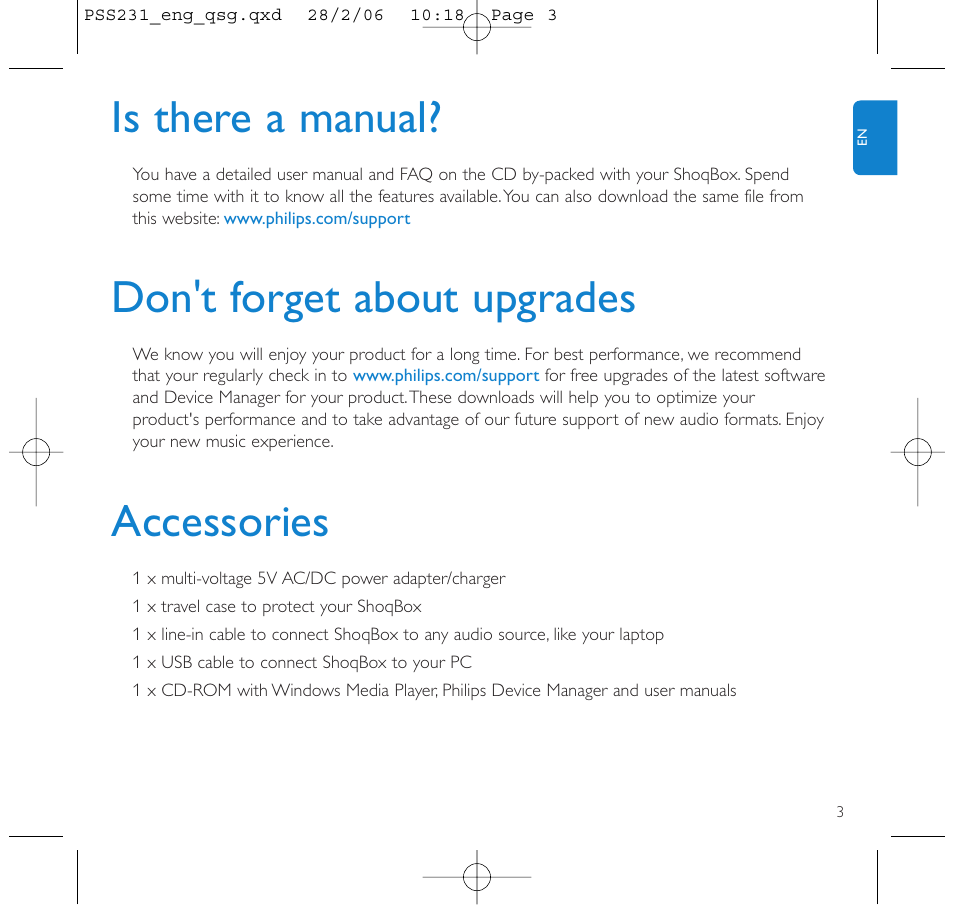 Is there a manual, Don't forget about upgrades, Accessories | Philips GOGEAR PSS231 User Manual | Page 7 / 15