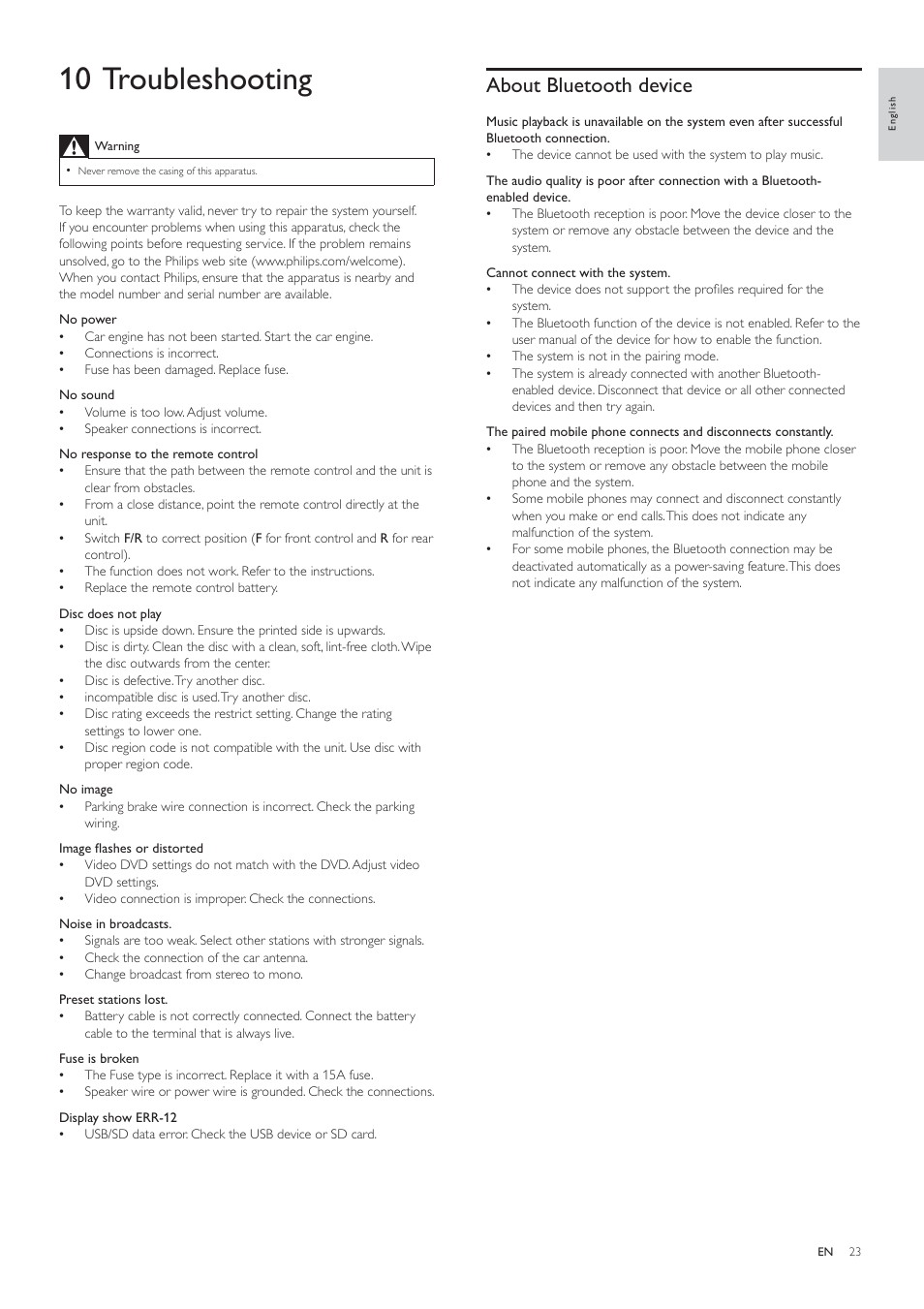 10 troubleshooting, About bluetooth device | Philips CED1700 User Manual | Page 23 / 25