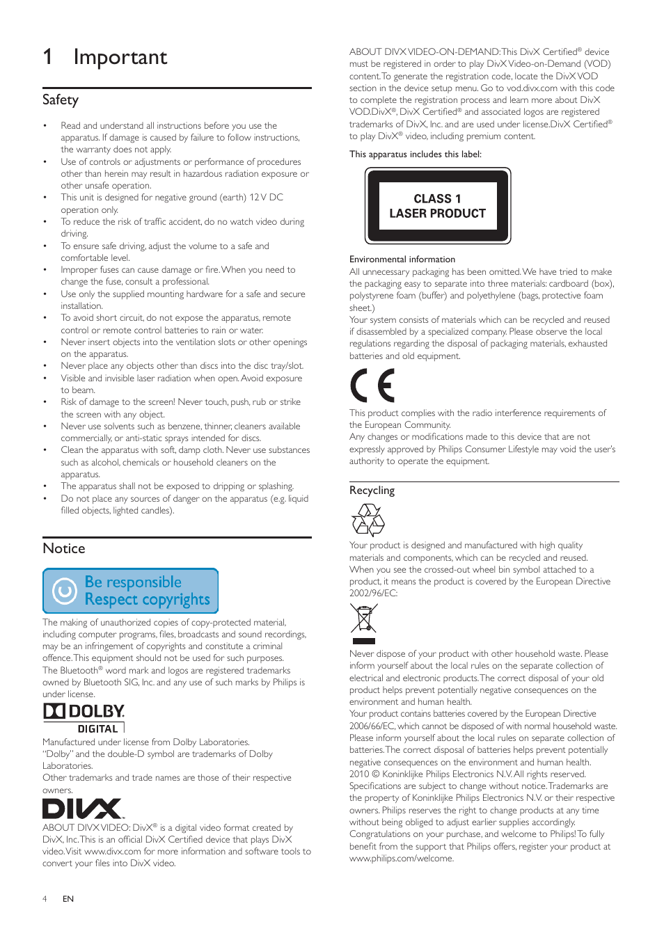 1 important, Safety, Notice | Philips CED1700 User Manual | Page 4 / 25