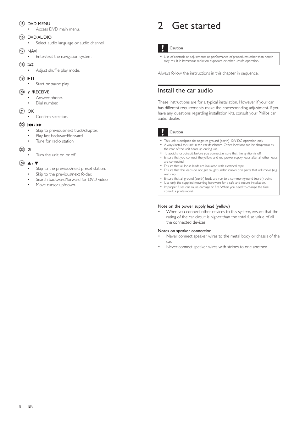2 get started, Install the car audio | Philips CED1700 User Manual | Page 8 / 25