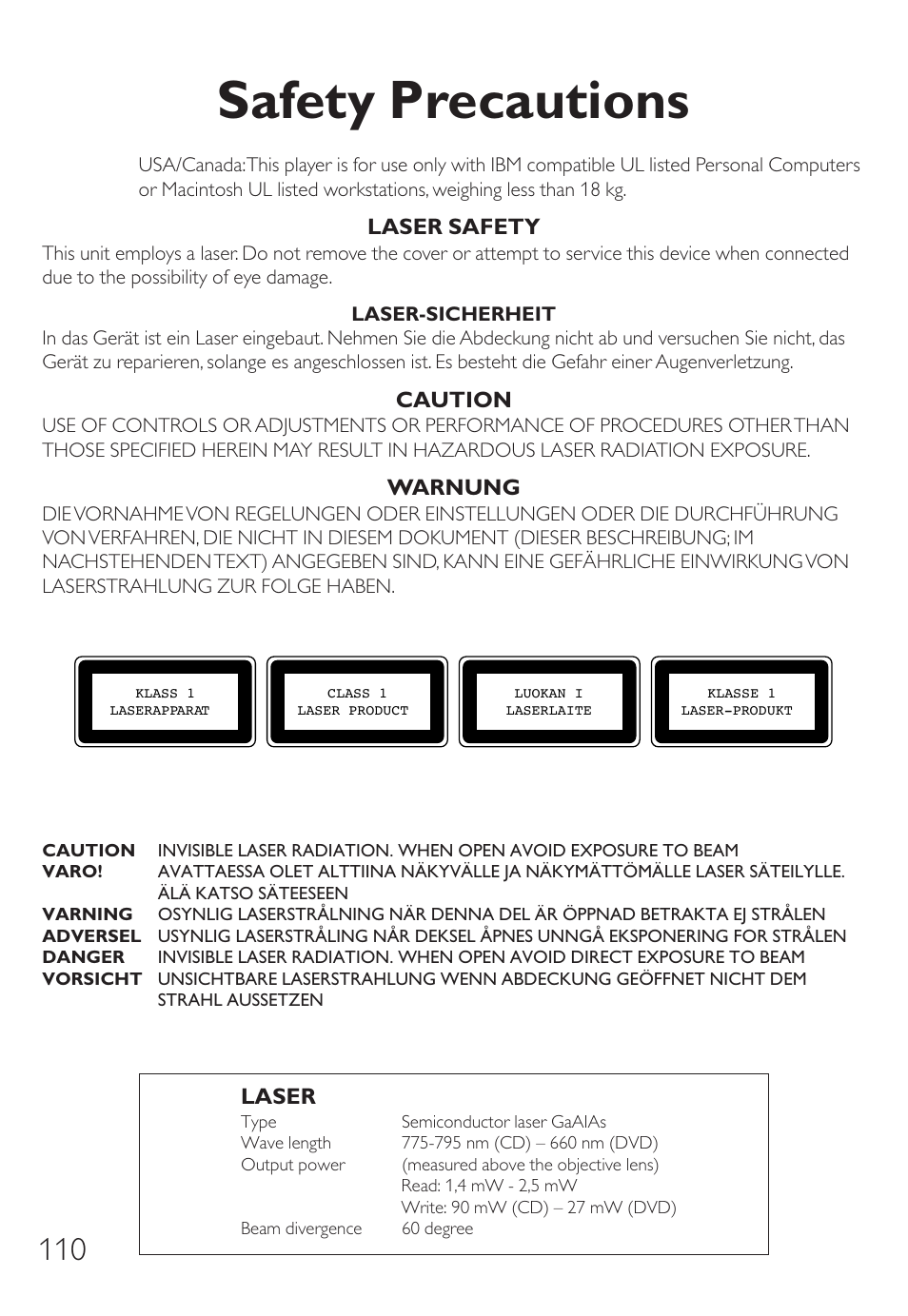 Safety precautions | Philips Nero 7 User Manual | Page 110 / 112