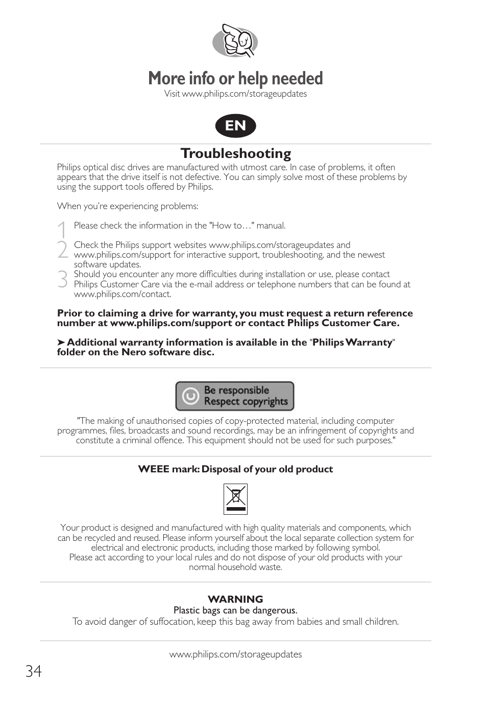 More info or help needed, Troubleshooting | Philips Nero 7 User Manual | Page 34 / 112