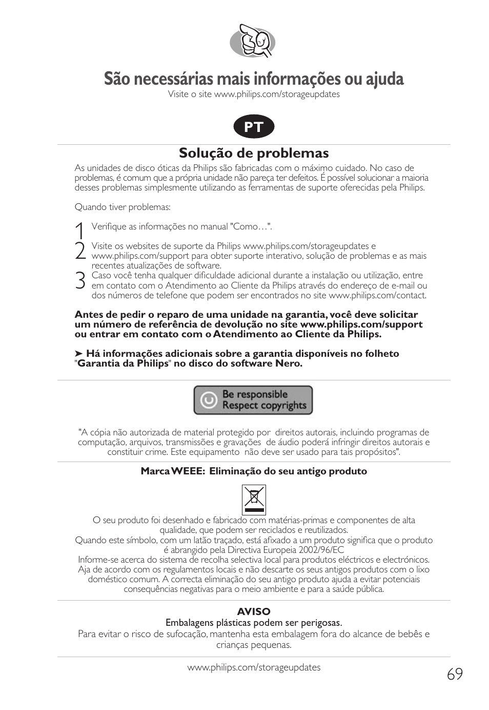 São necessárias mais informações ou ajuda, Solução de problemas | Philips Nero 7 User Manual | Page 69 / 112