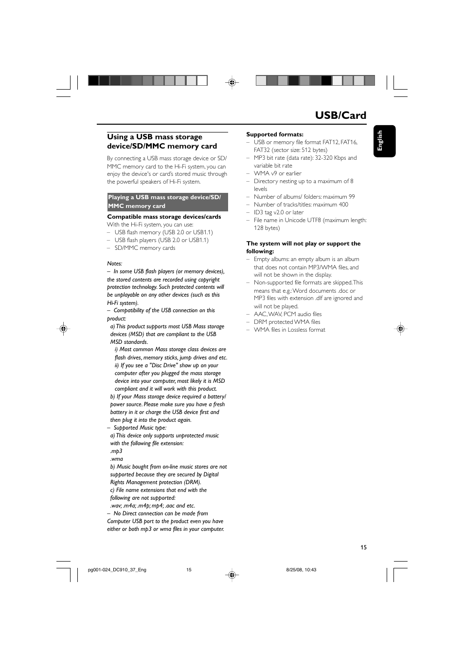 Usb/card | Philips DC910 User Manual | Page 15 / 25