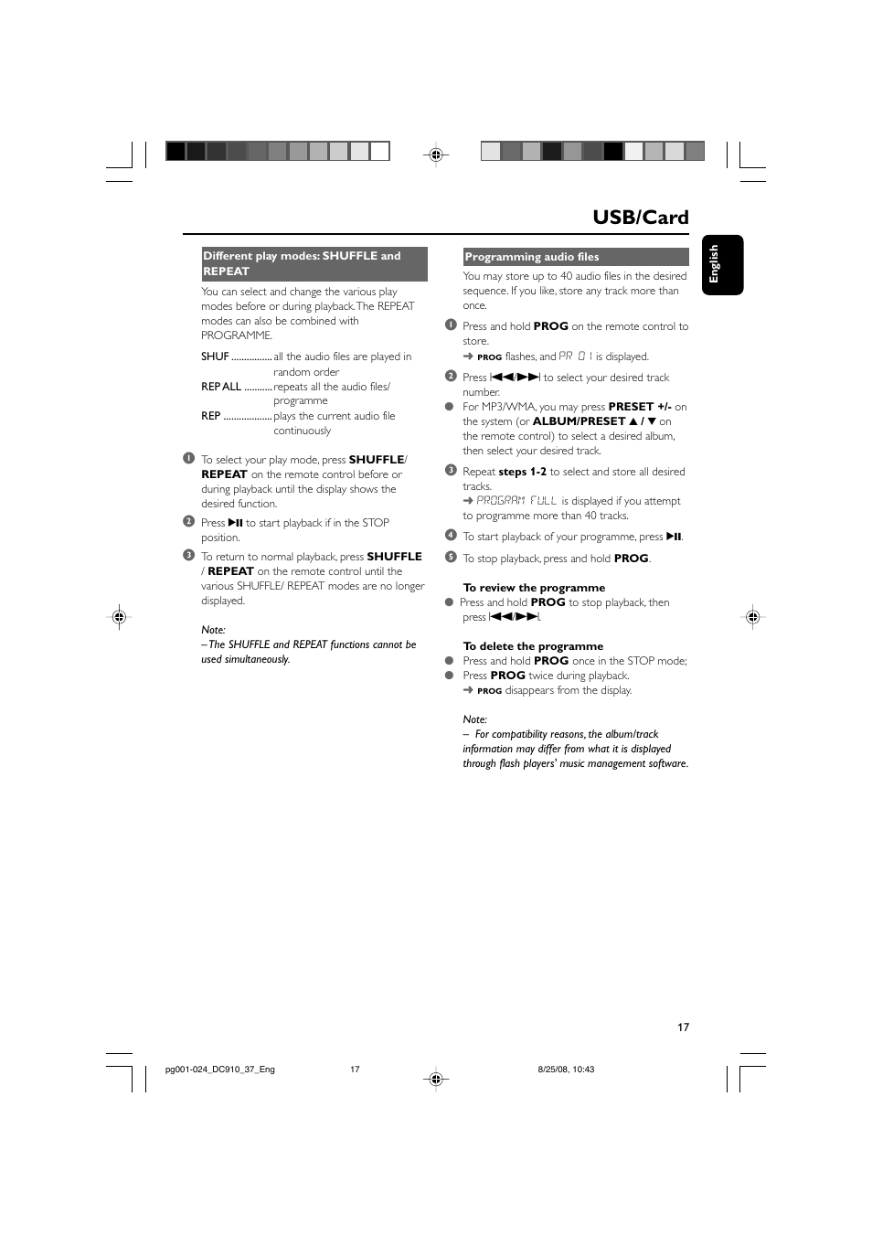 Usb/card | Philips DC910 User Manual | Page 17 / 25