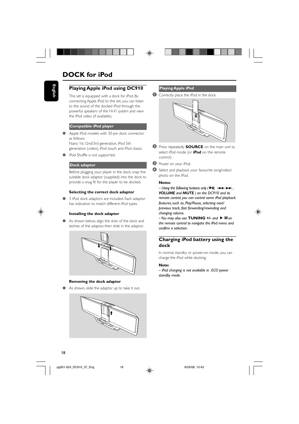 Dock for ipod, Charging ipod battery using the dock, Playing apple ipod using dc910 | Philips DC910 User Manual | Page 18 / 25