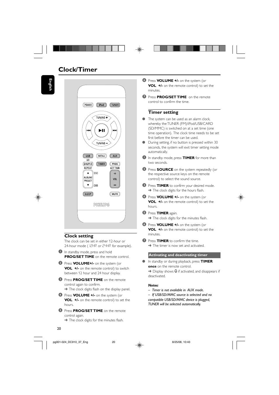 Clock/timer | Philips DC910 User Manual | Page 20 / 25