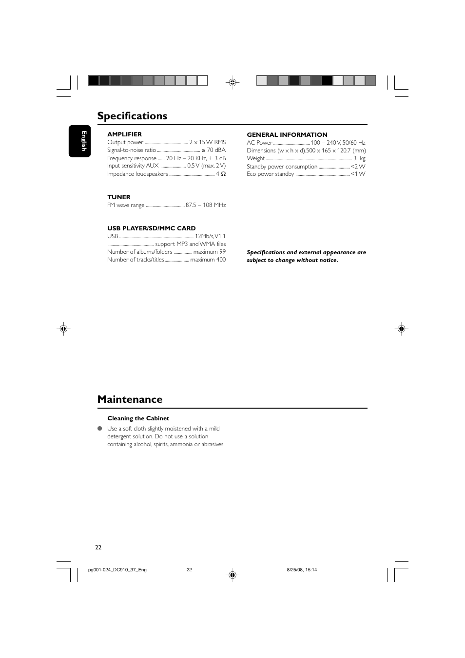 Maintenance specifications | Philips DC910 User Manual | Page 22 / 25