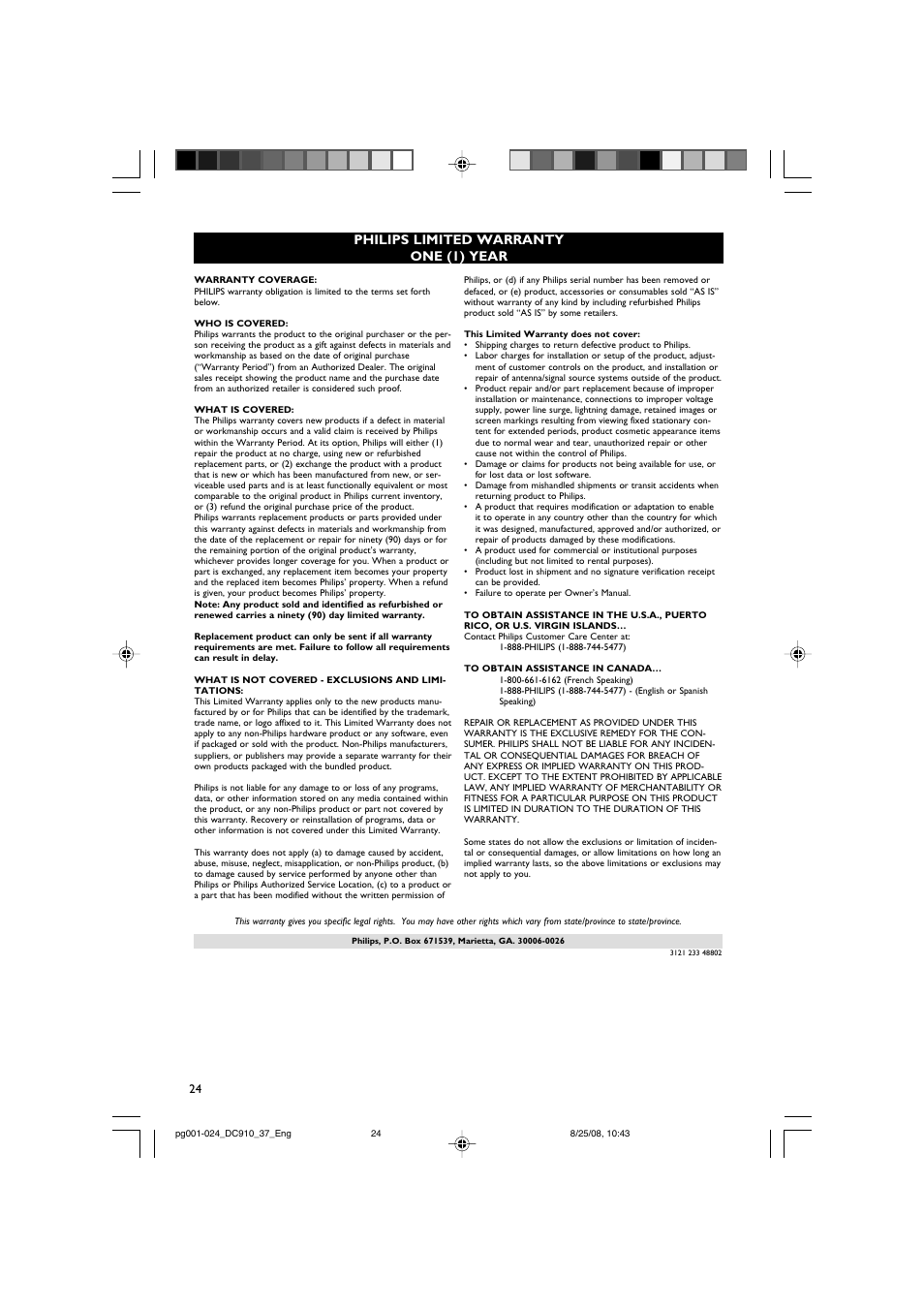 Philips limited warranty one (1) year | Philips DC910 User Manual | Page 24 / 25