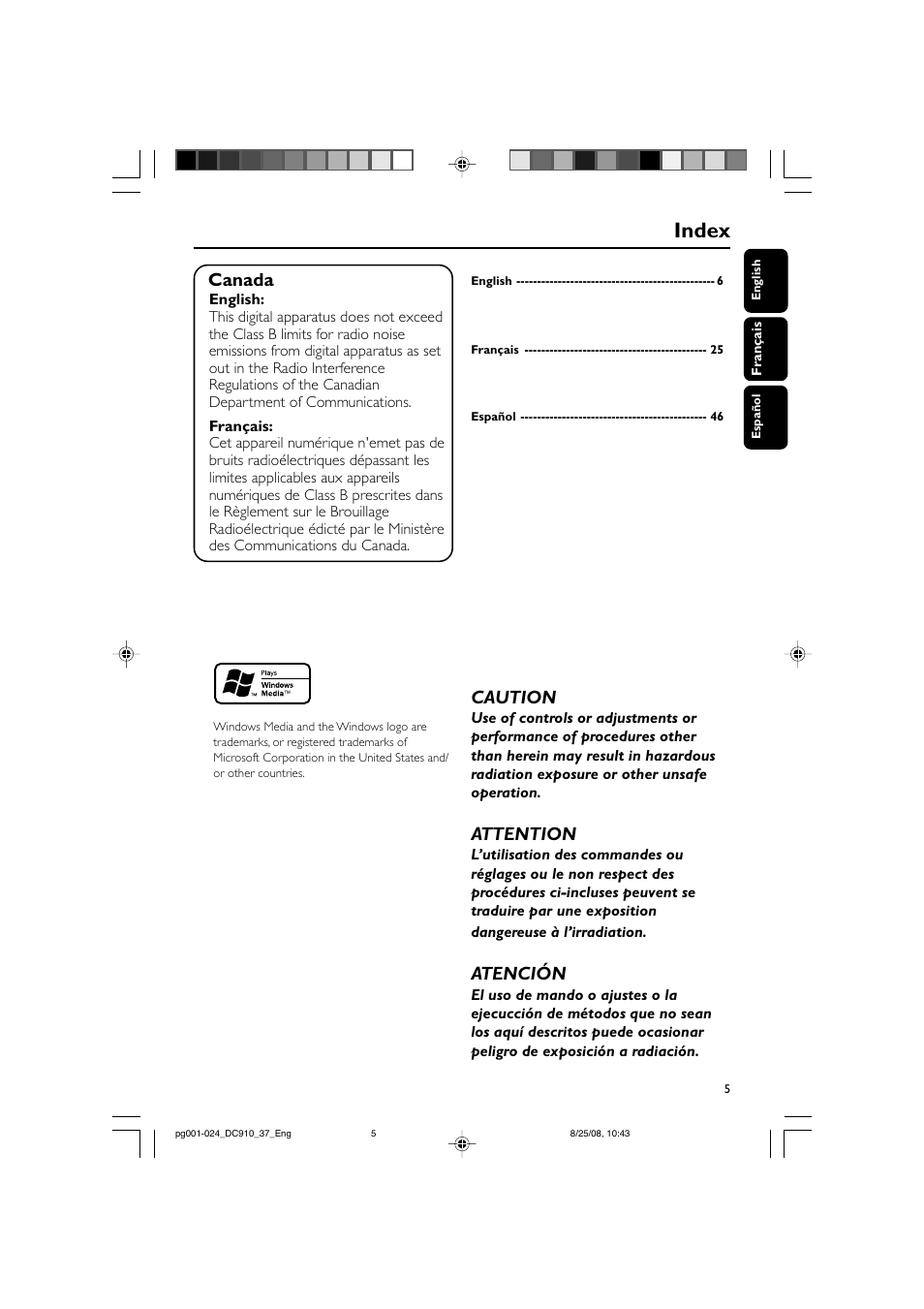 Index, Canada, Caution | Attention, Atención | Philips DC910 User Manual | Page 5 / 25