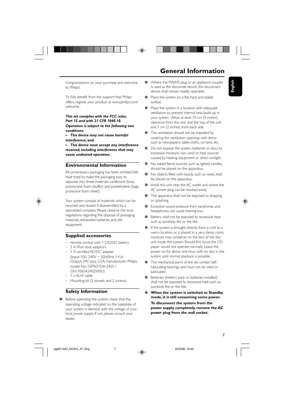 General information, Environmental information, Supplied accessories | Safety information | Philips DC910 User Manual | Page 7 / 25