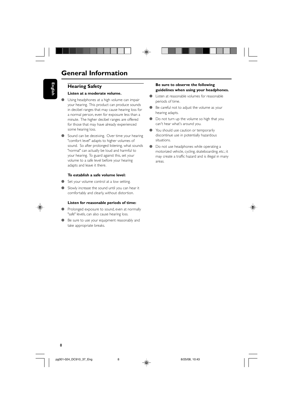 General information, Hearing safety | Philips DC910 User Manual | Page 8 / 25