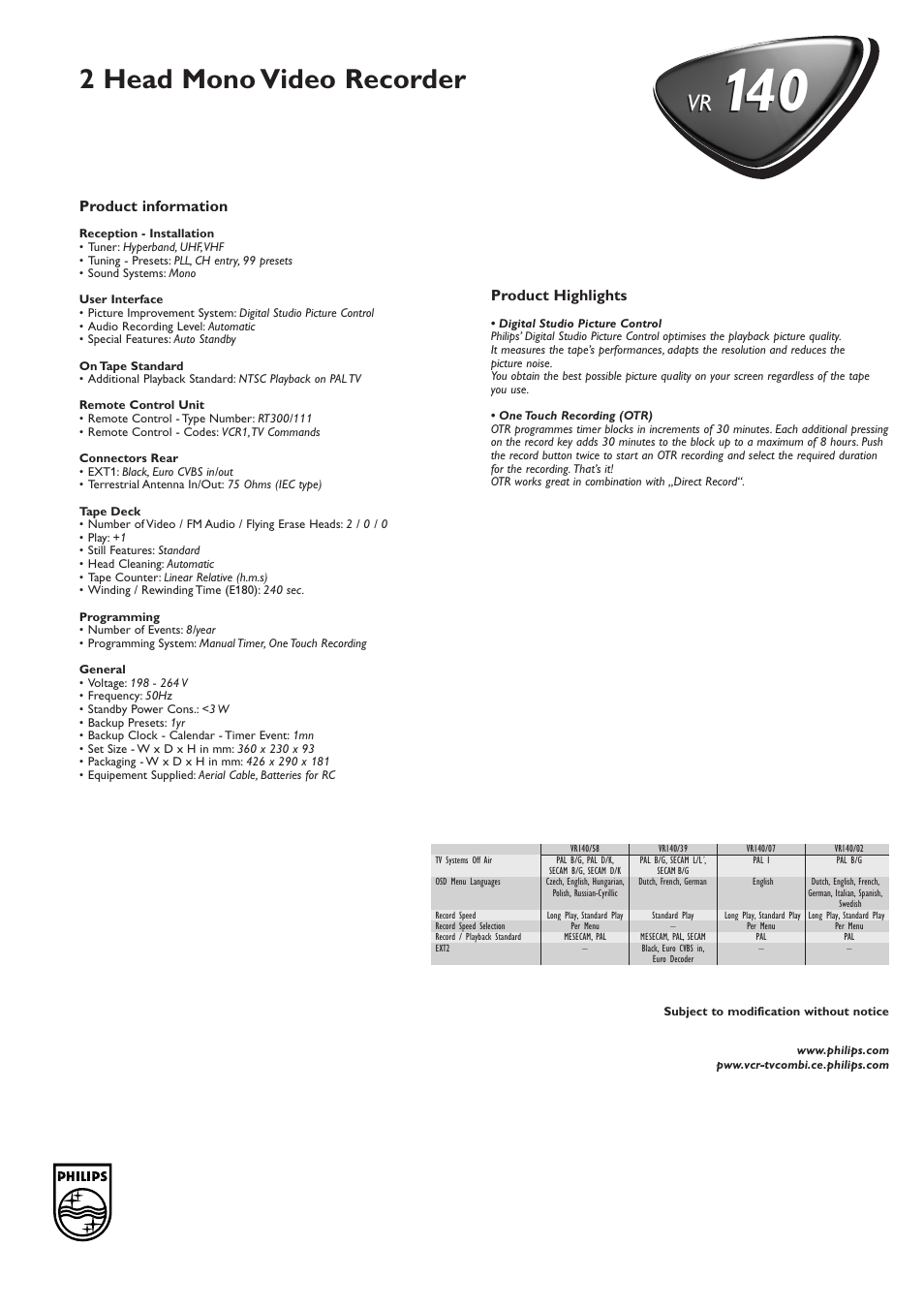 2 head mono video recorder | Philips VR1402 User Manual | Page 2 / 2