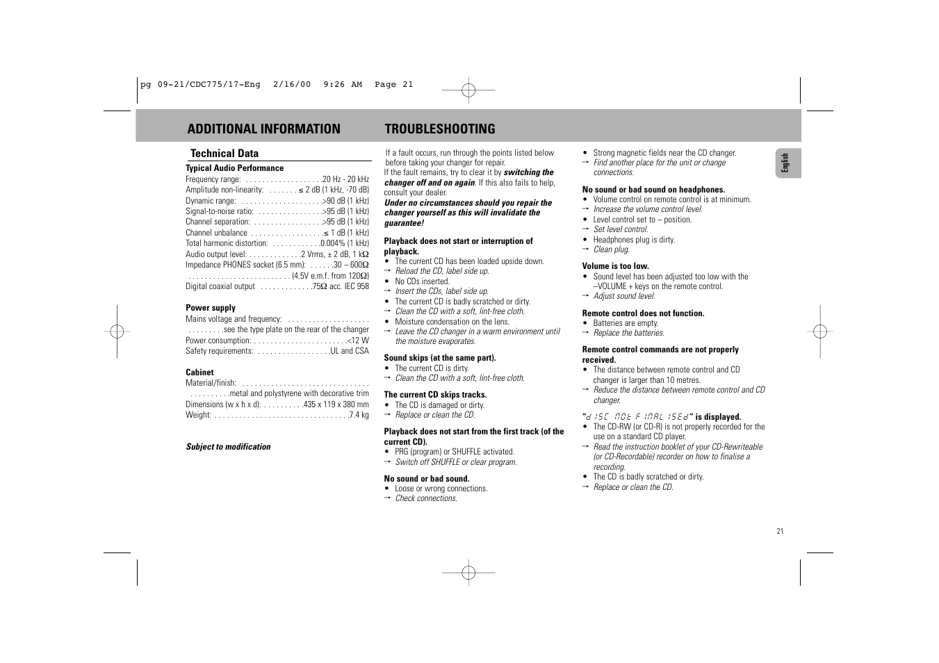 Additional information troubleshooting | Philips CDC775BK User Manual | Page 13 / 13