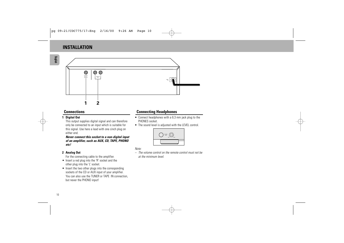 Max min, Installation 2 1 | Philips CDC775BK User Manual | Page 2 / 13