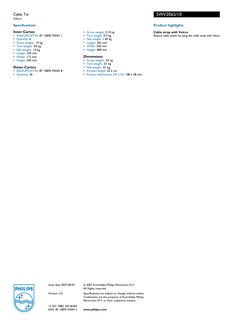 Philips Velcro SWV2065/10 User Manual | Page 2 / 2