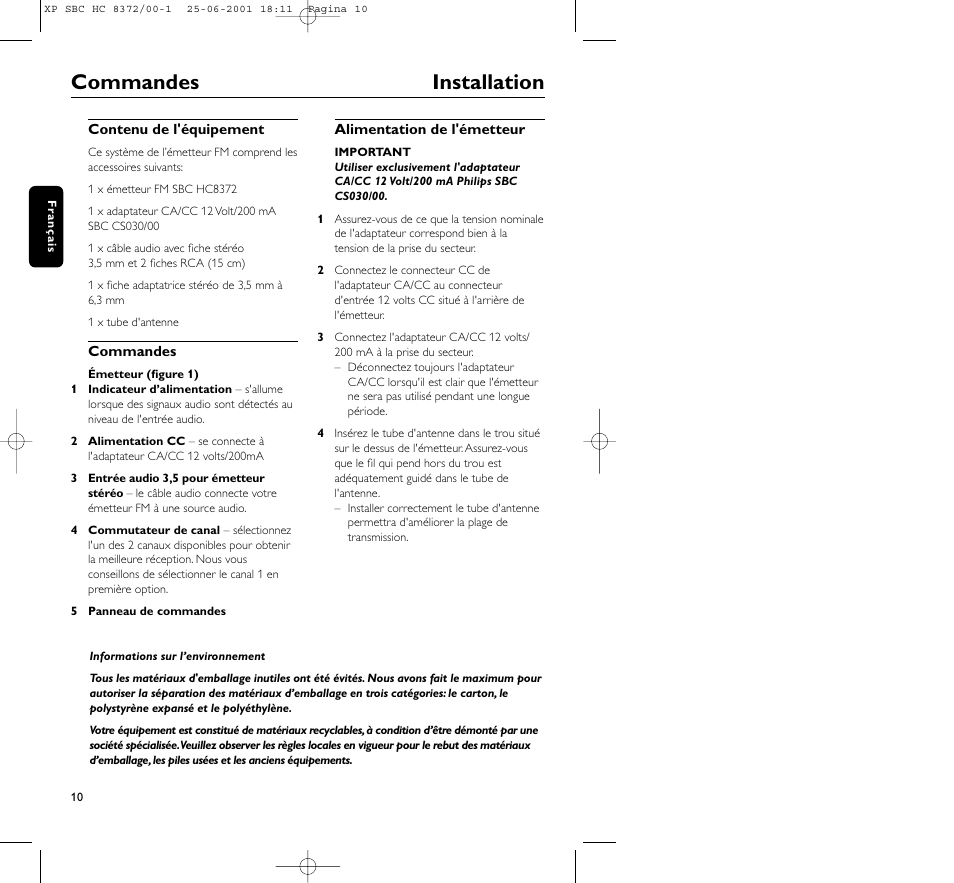 Commandes installation | Philips HC 8372 User Manual | Page 10 / 85