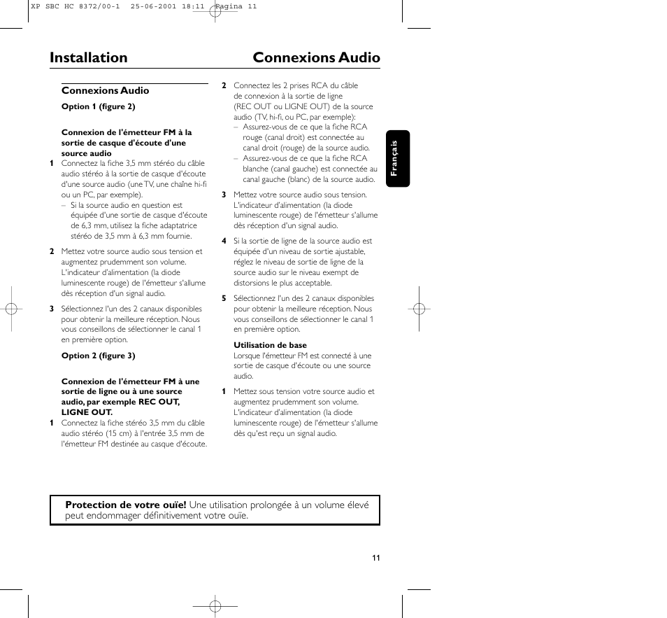 Installation connexions audio | Philips HC 8372 User Manual | Page 11 / 85