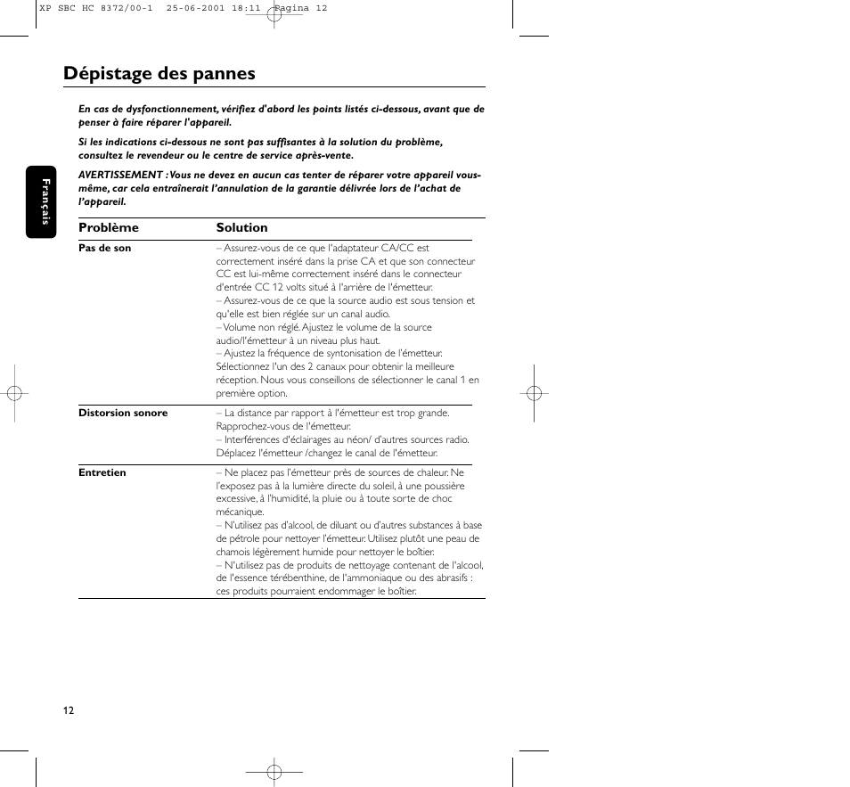 Dépistage des pannes | Philips HC 8372 User Manual | Page 12 / 85