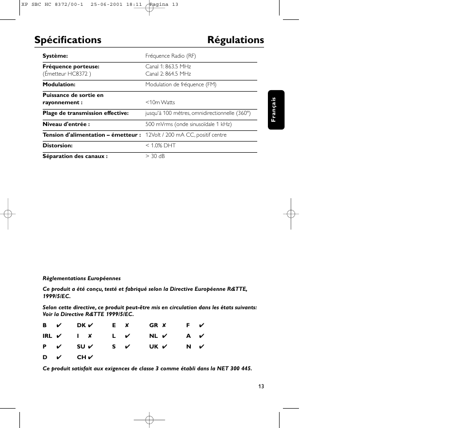 Spécifications régulations | Philips HC 8372 User Manual | Page 13 / 85