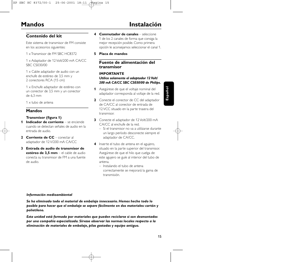 Mandos instalación | Philips HC 8372 User Manual | Page 15 / 85