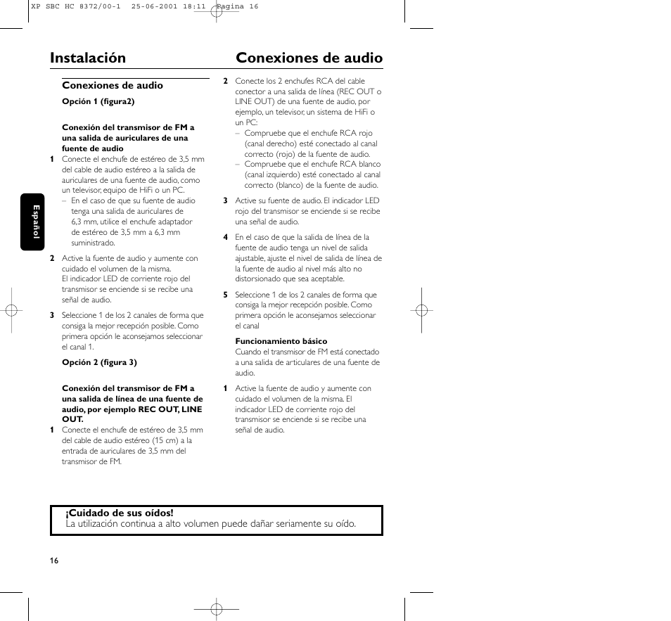 Instalación conexiones de audio | Philips HC 8372 User Manual | Page 16 / 85