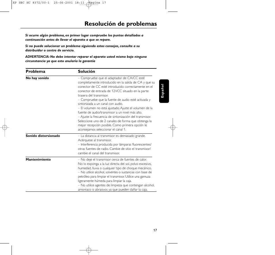 Resolución de problemas | Philips HC 8372 User Manual | Page 17 / 85