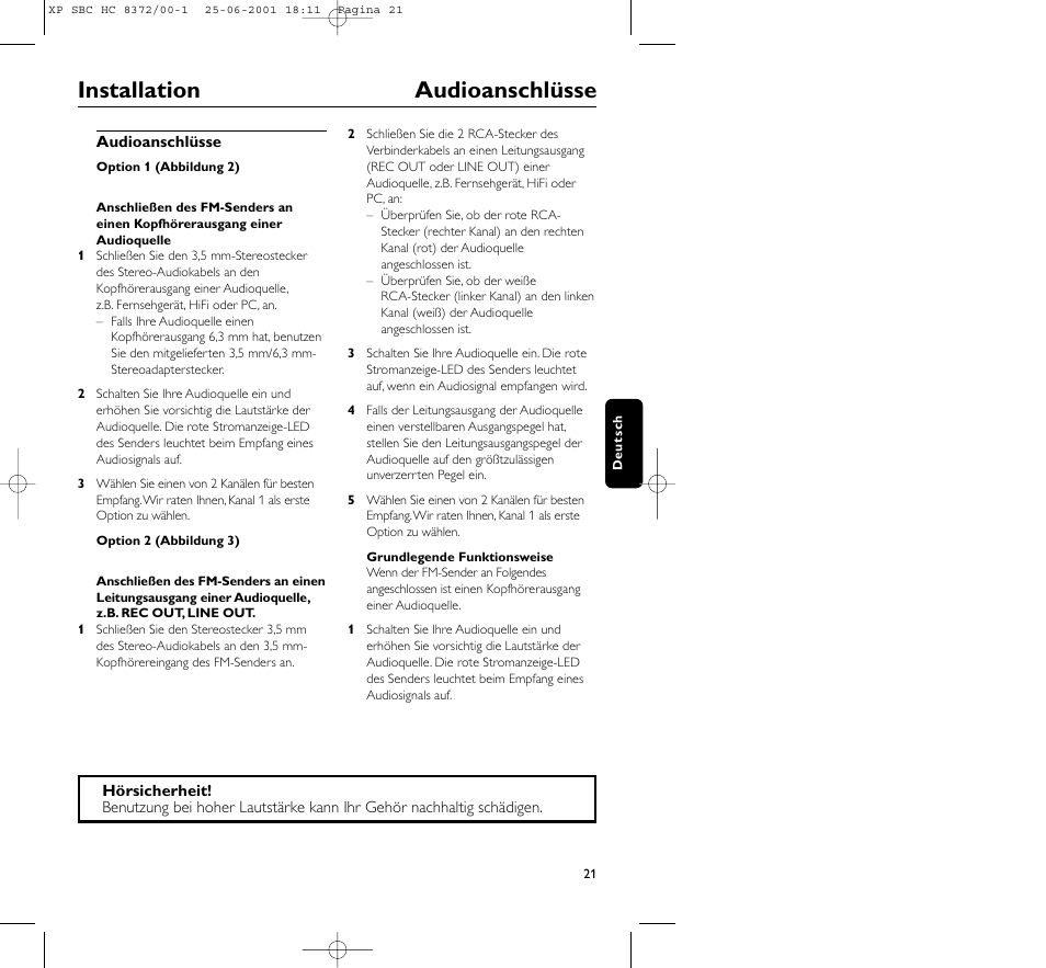 Installation audioanschlüsse | Philips HC 8372 User Manual | Page 21 / 85