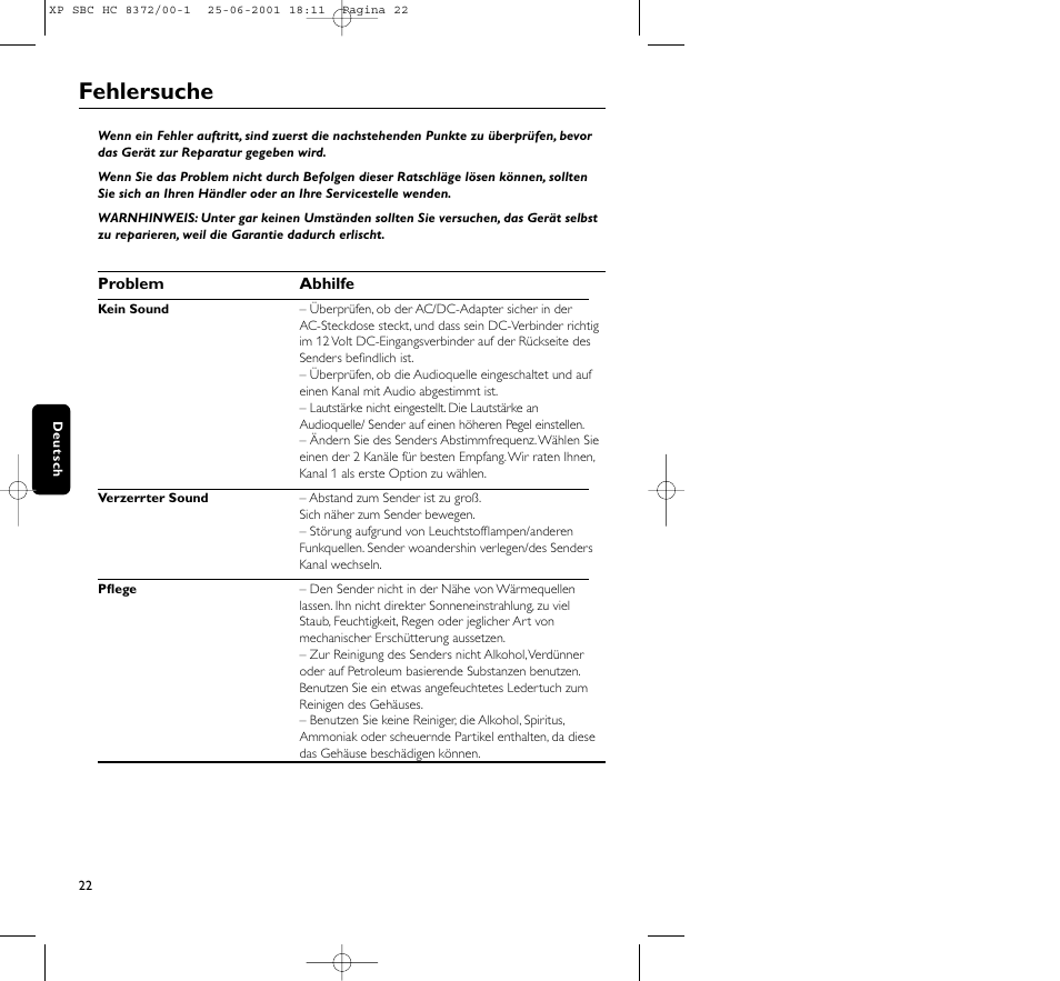 Fehlersuche | Philips HC 8372 User Manual | Page 22 / 85