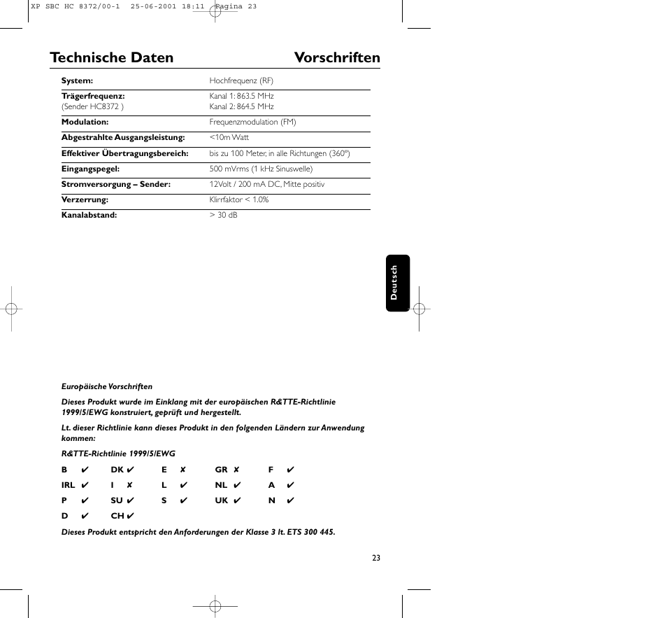 Technische daten vorschriften | Philips HC 8372 User Manual | Page 23 / 85