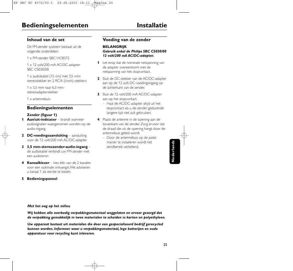 Bedieningselementen installatie | Philips HC 8372 User Manual | Page 25 / 85