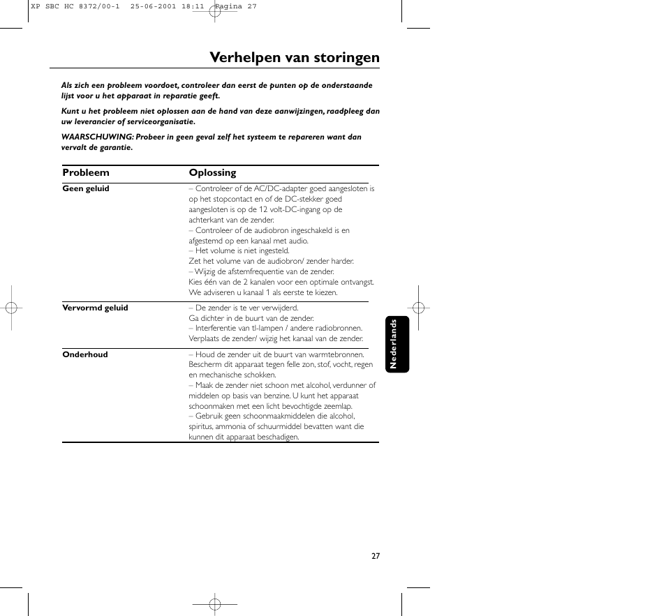 Verhelpen van storingen | Philips HC 8372 User Manual | Page 27 / 85