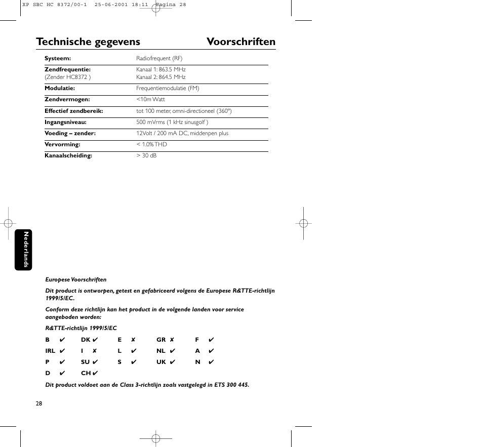 Technische gegevens voorschriften | Philips HC 8372 User Manual | Page 28 / 85