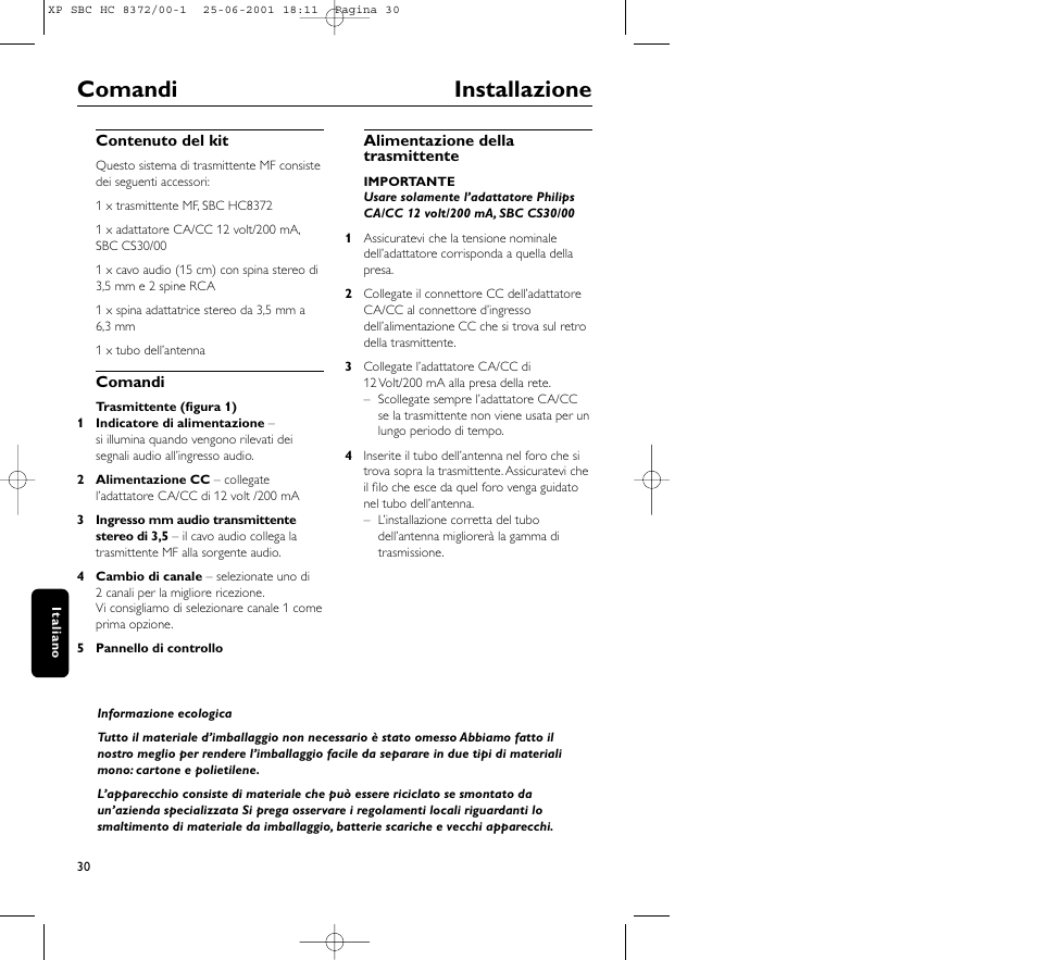 Comandi installazione | Philips HC 8372 User Manual | Page 30 / 85