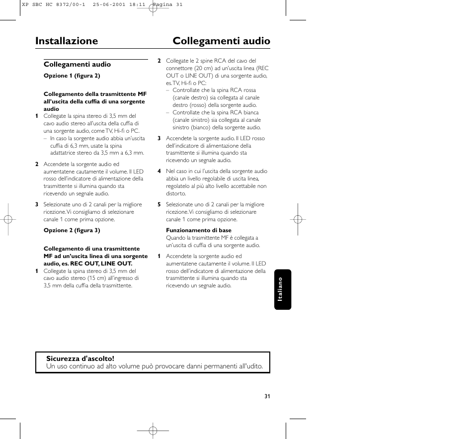 Installazione collegamenti audio | Philips HC 8372 User Manual | Page 31 / 85