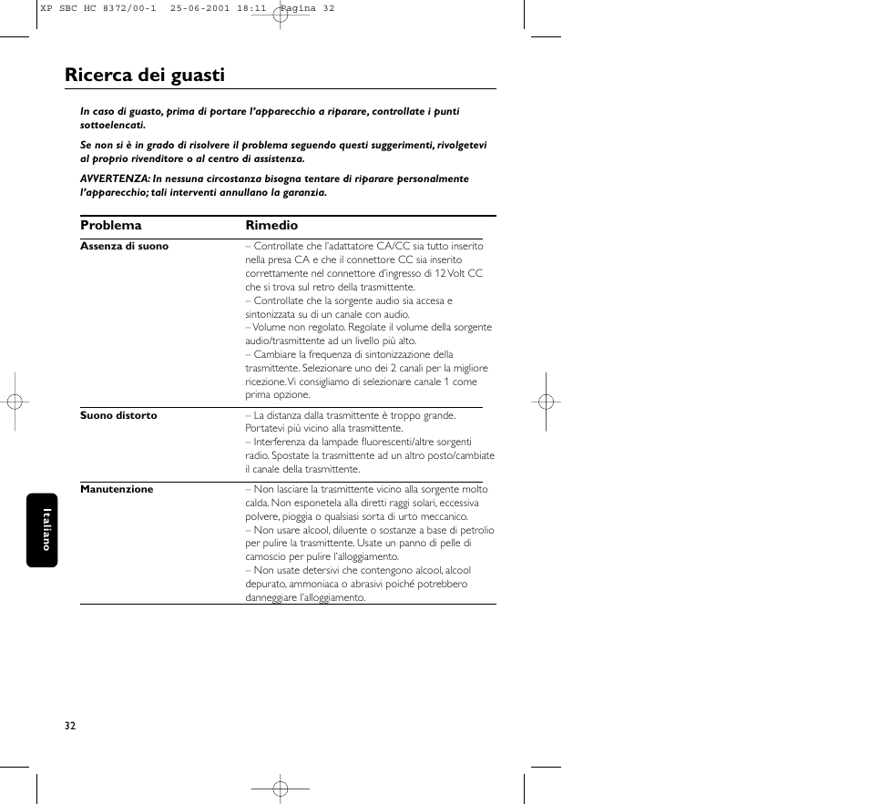 Ricerca dei guasti | Philips HC 8372 User Manual | Page 32 / 85