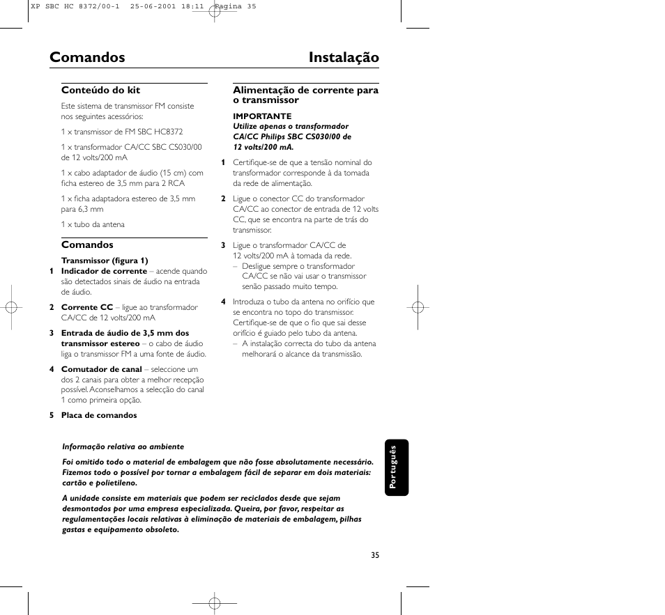 Comandos instalação | Philips HC 8372 User Manual | Page 35 / 85