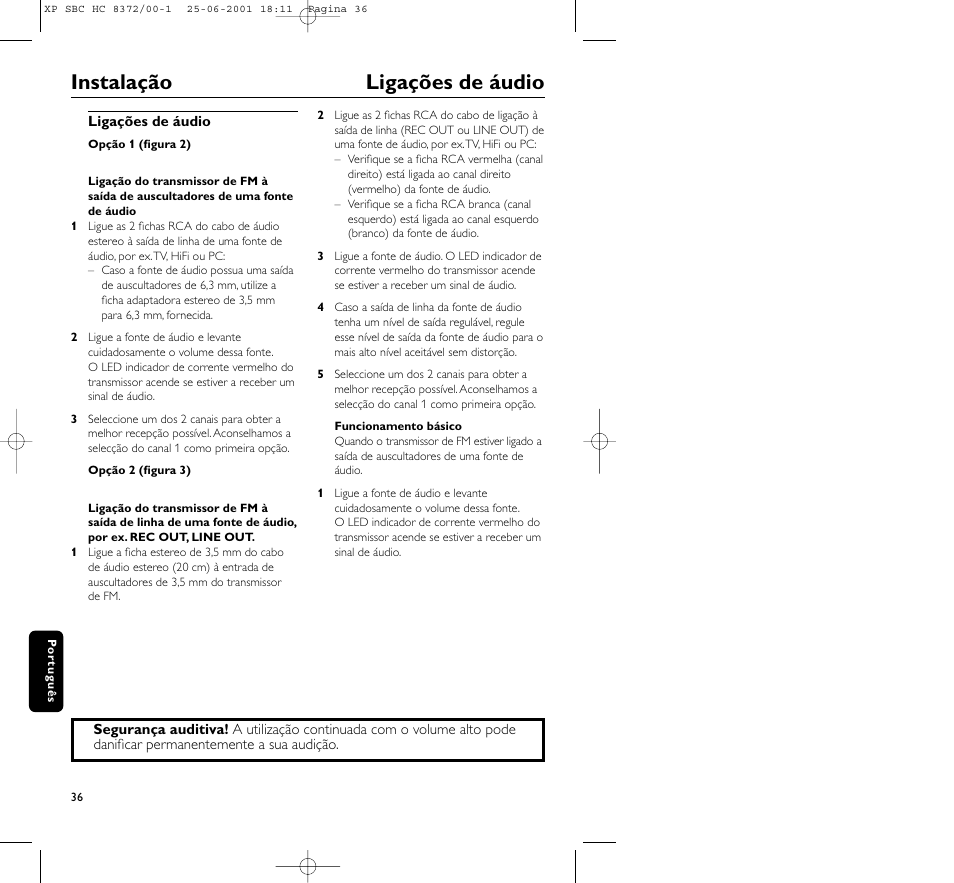 Instalação ligações de áudio | Philips HC 8372 User Manual | Page 36 / 85