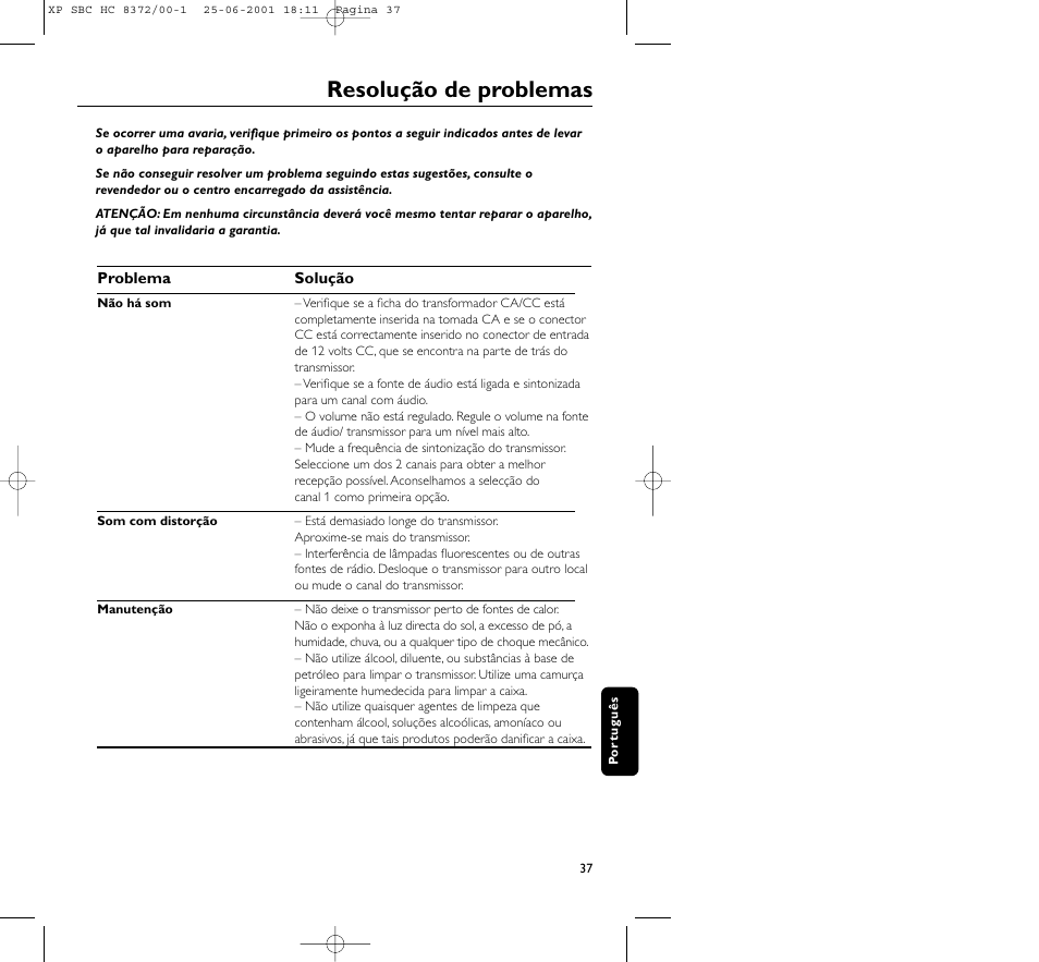 Resolução de problemas | Philips HC 8372 User Manual | Page 37 / 85