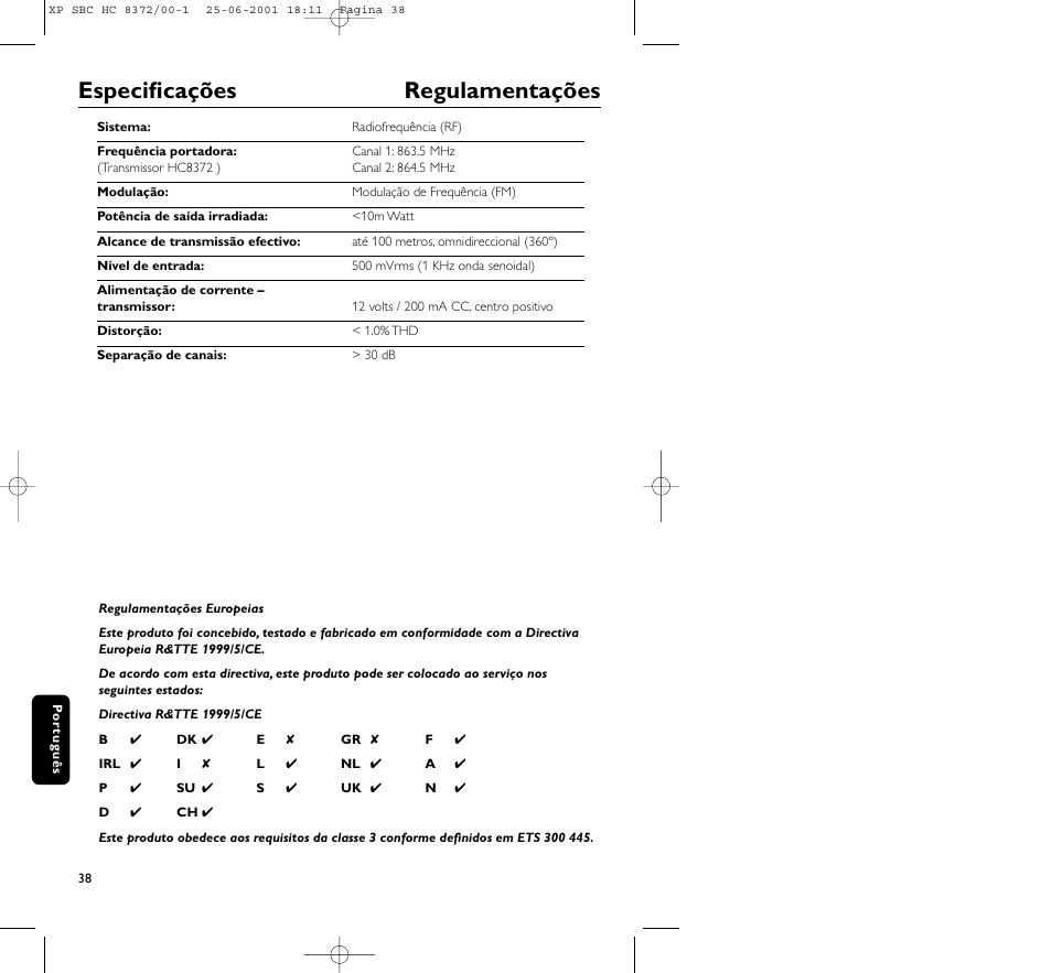 Especificações regulamentações | Philips HC 8372 User Manual | Page 38 / 85