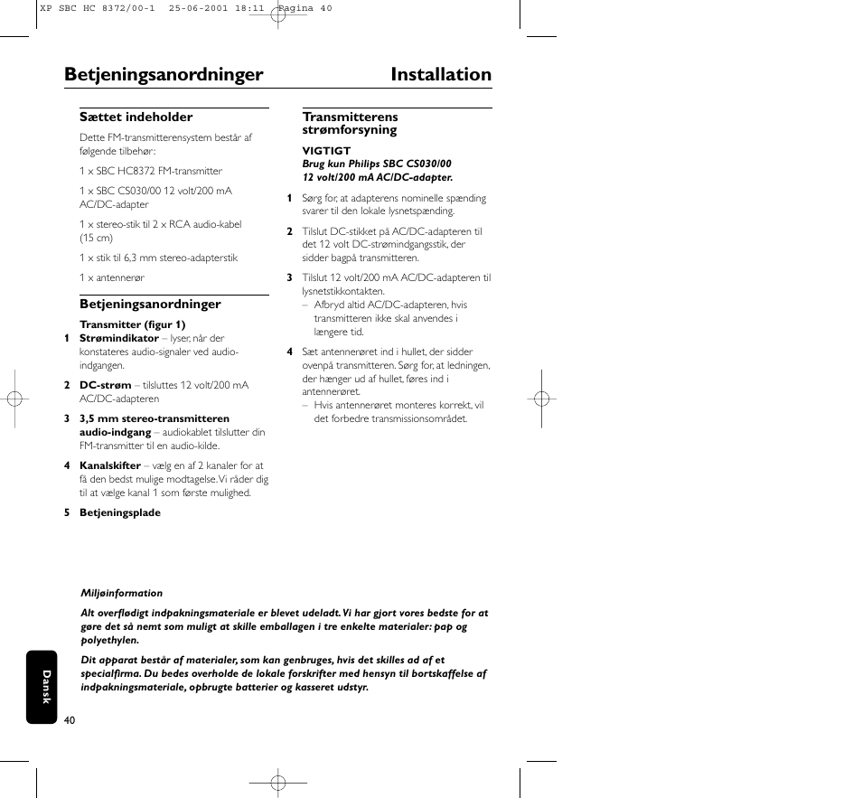 Betjeningsanordninger installation | Philips HC 8372 User Manual | Page 40 / 85