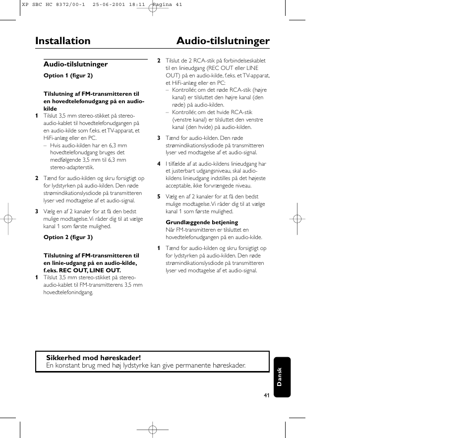 Installation audio-tilslutninger | Philips HC 8372 User Manual | Page 41 / 85