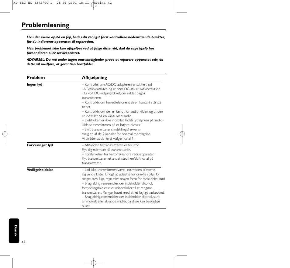 Problemløsning | Philips HC 8372 User Manual | Page 42 / 85