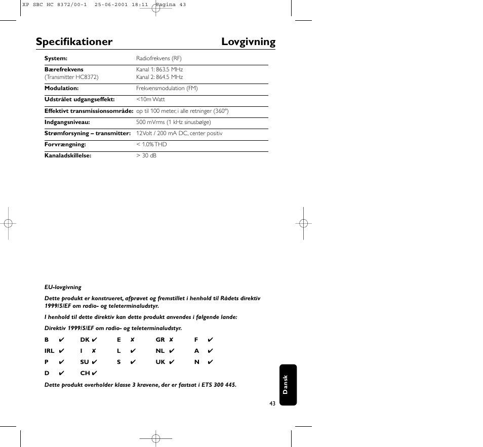 Specifikationer lovgivning | Philips HC 8372 User Manual | Page 43 / 85