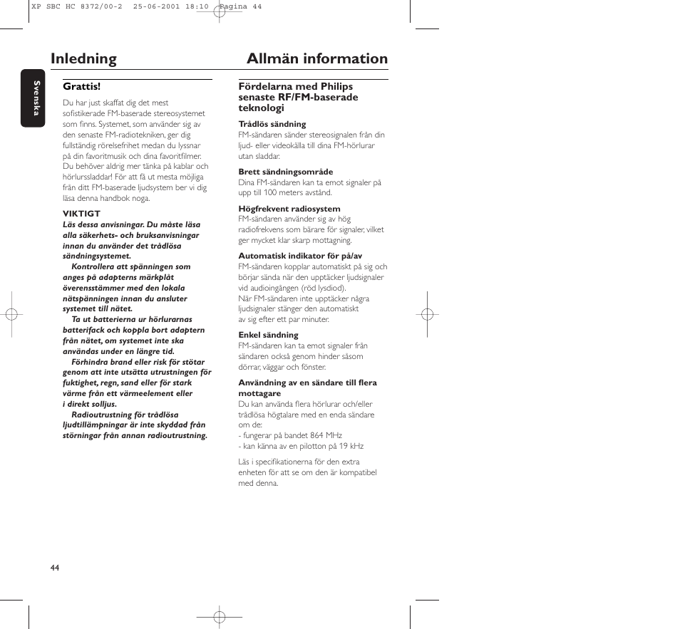 Inledning allmän information | Philips HC 8372 User Manual | Page 44 / 85