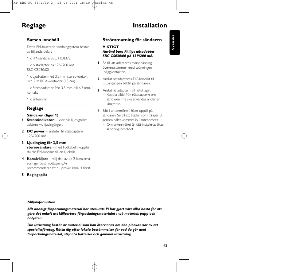 Reglage installation | Philips HC 8372 User Manual | Page 45 / 85