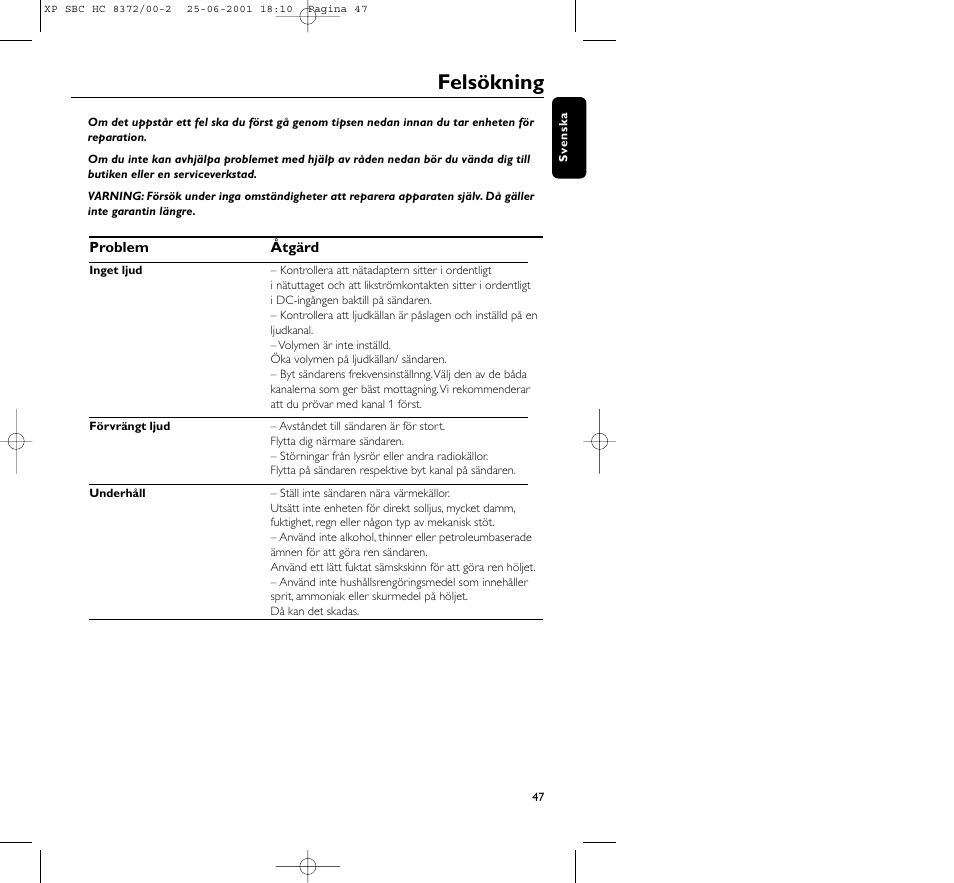 Felsökning | Philips HC 8372 User Manual | Page 47 / 85