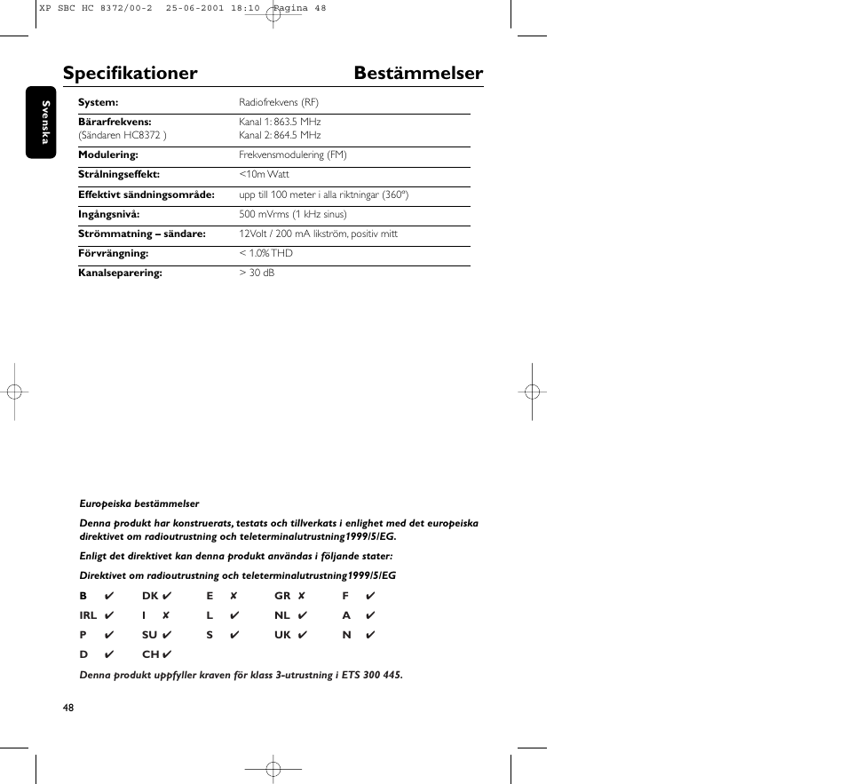 Specifikationer bestämmelser | Philips HC 8372 User Manual | Page 48 / 85