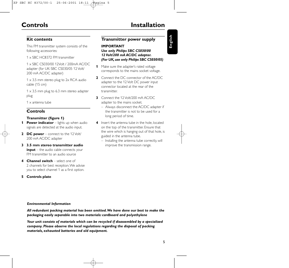 Controls installation | Philips HC 8372 User Manual | Page 5 / 85