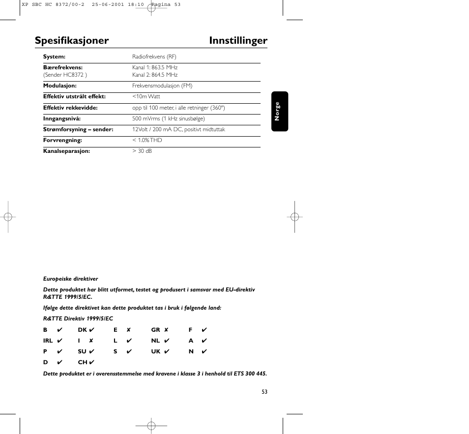 Spesifikasjoner innstillinger | Philips HC 8372 User Manual | Page 53 / 85